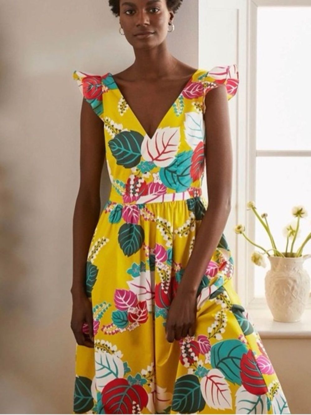 Boden Size 10 Andrea Frill Sleeve Maxi Dress Yellow Tropical Floral V Neck